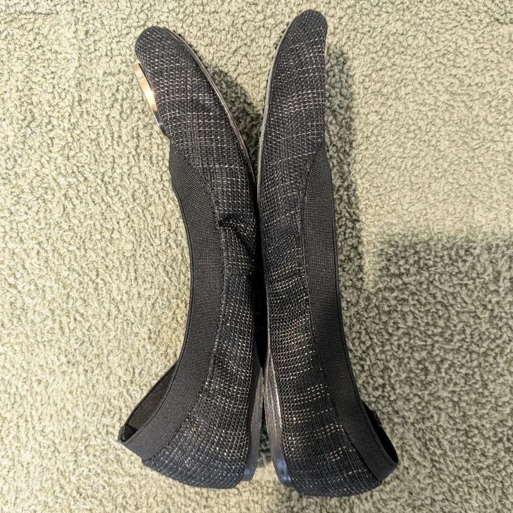Tory Burch Black Gold Tweed Leather Emblem Slip-On Caroline Ballet Flats 7.5 M